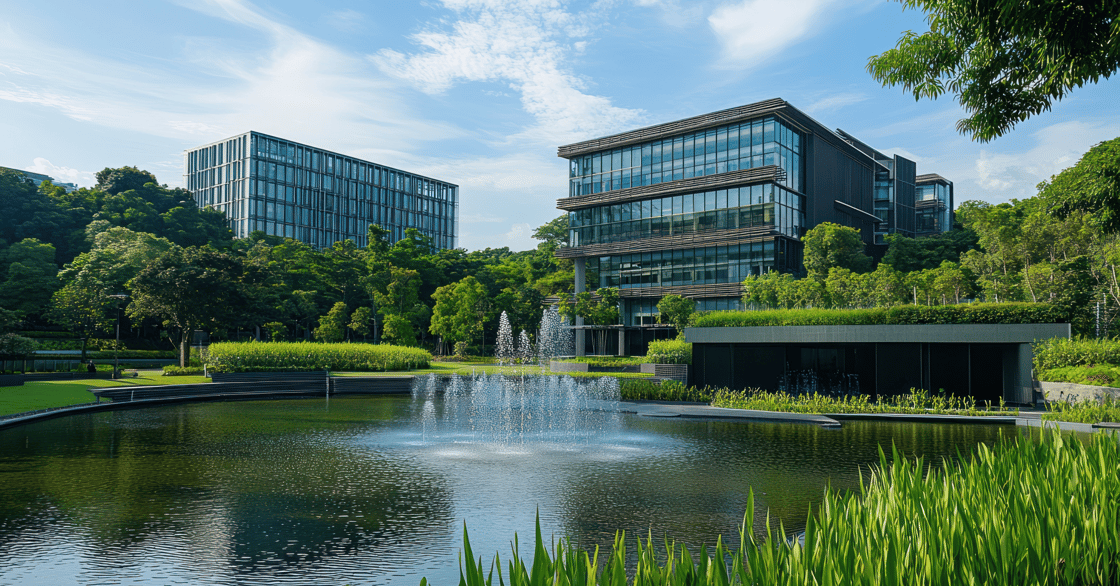 commercial building with water fountain feature PNG-1